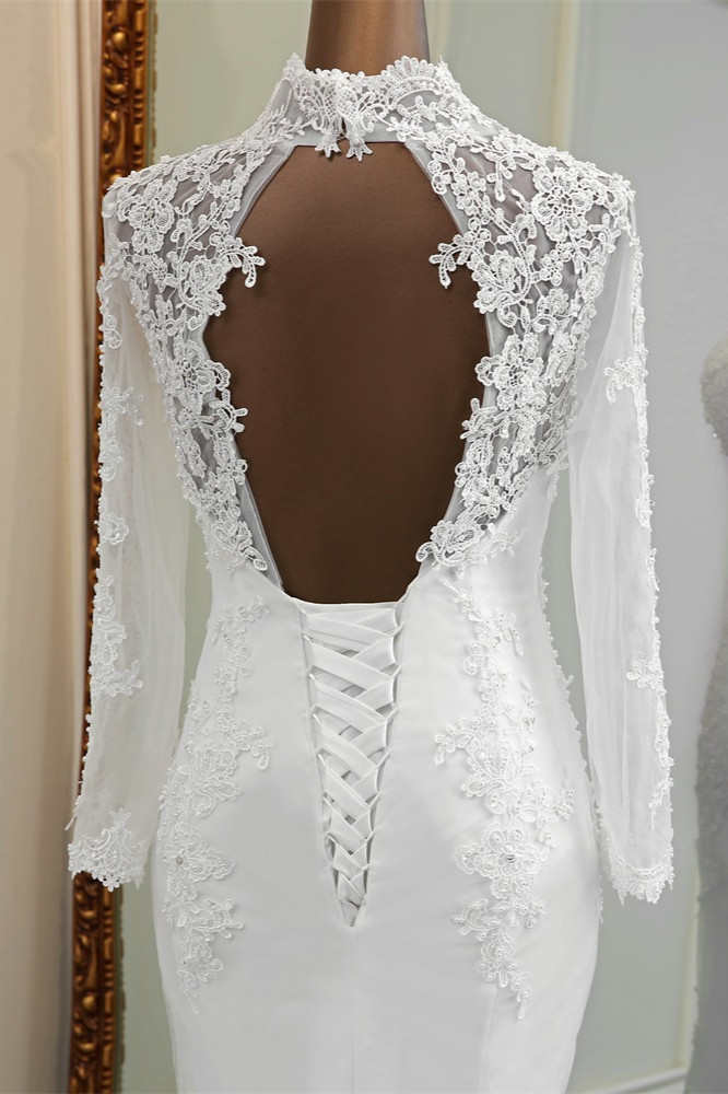 Mermaid V-neck Long Sleeves Floor-length Tulle Wedding Dress With Beading 6
