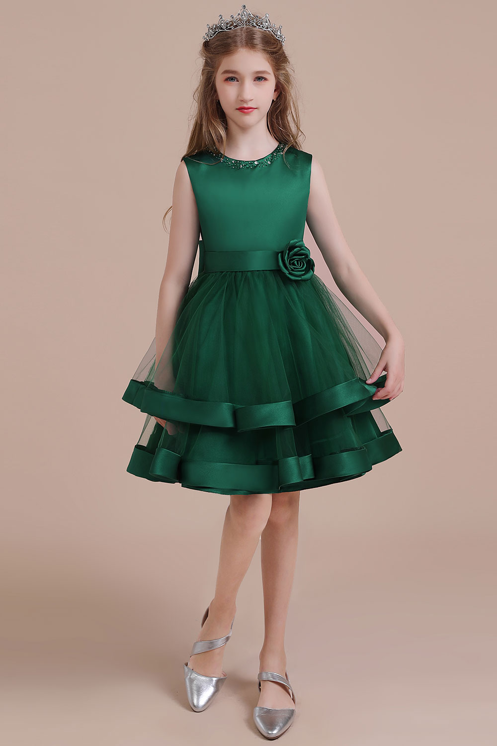 A-line Jewel Neck Sleeveless Knee-length Satin Flower Girl Dress With Bow 3