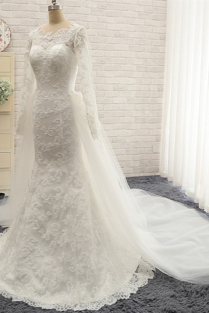 Mermaid Jewel Neck Long Sleeves Floor-length Satin Wedding Dress With Lace 3
