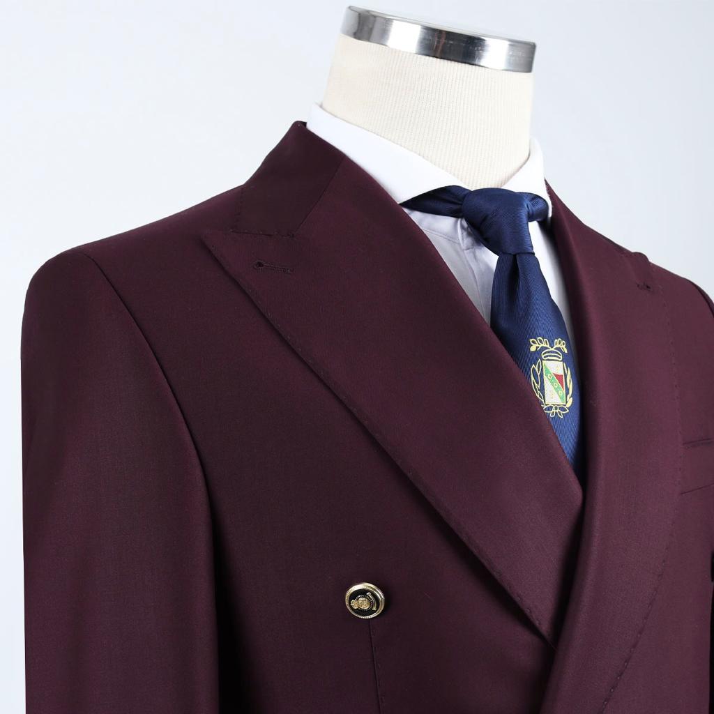 Burgundy Double Breasted Peaked Lapel Slim Fit Men Suit 2