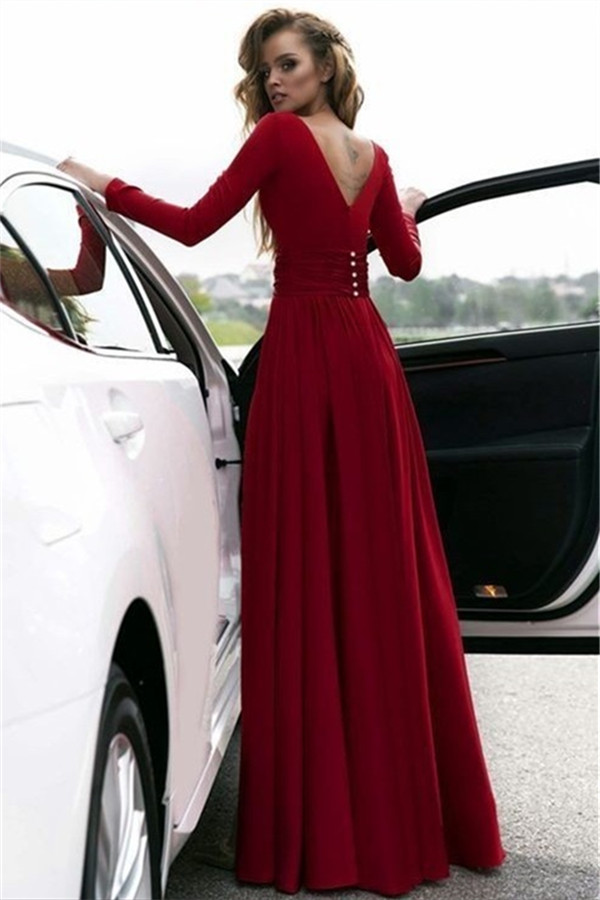 A-line V-neck Long Sleeves Sweep / Brush Train Evening Dress With Crystal Brooch 2