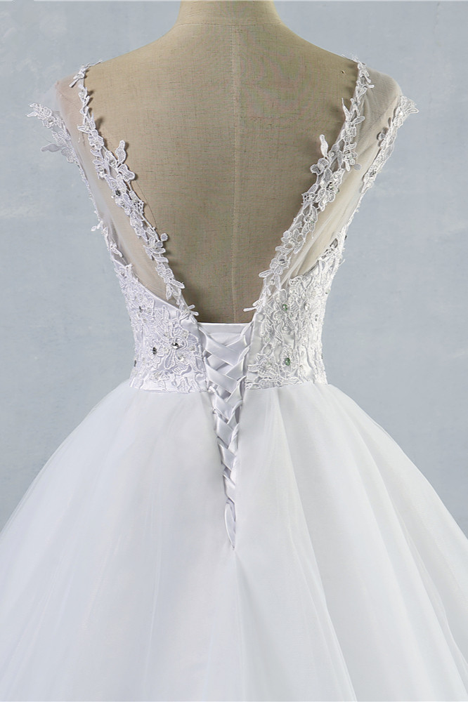 A-line Jewel Neck Sleeveless Floor-length Tulle Wedding Dress With Lace 4