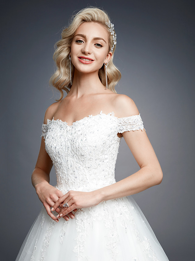 Ball Gown Short Sleeves Court Train Tulle Bridal Gown With Lace 8
