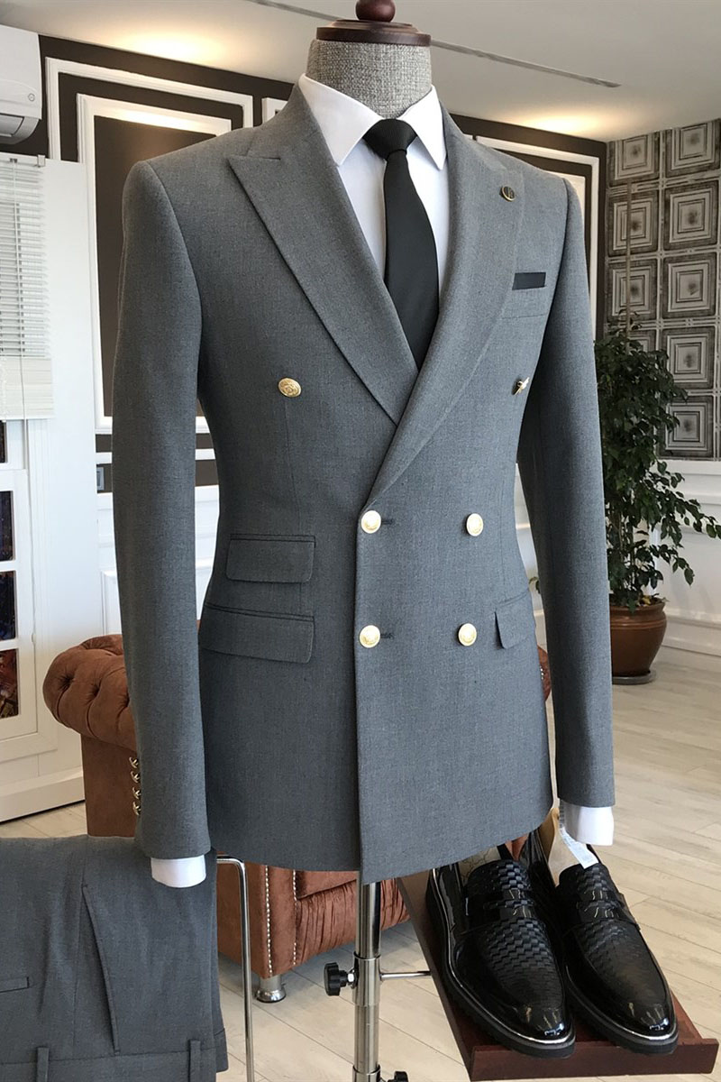 Dark Gray Double Breasted Business Suit 1