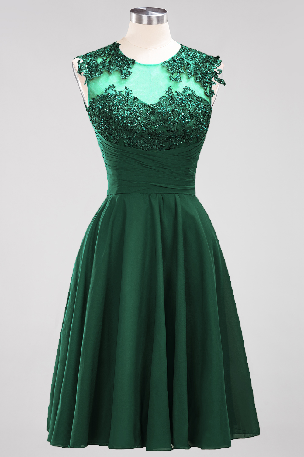 A-line Jewel Neck Sleeveless Knee-length 100D Chiffon Bridesmaid Dress With Appliques 32