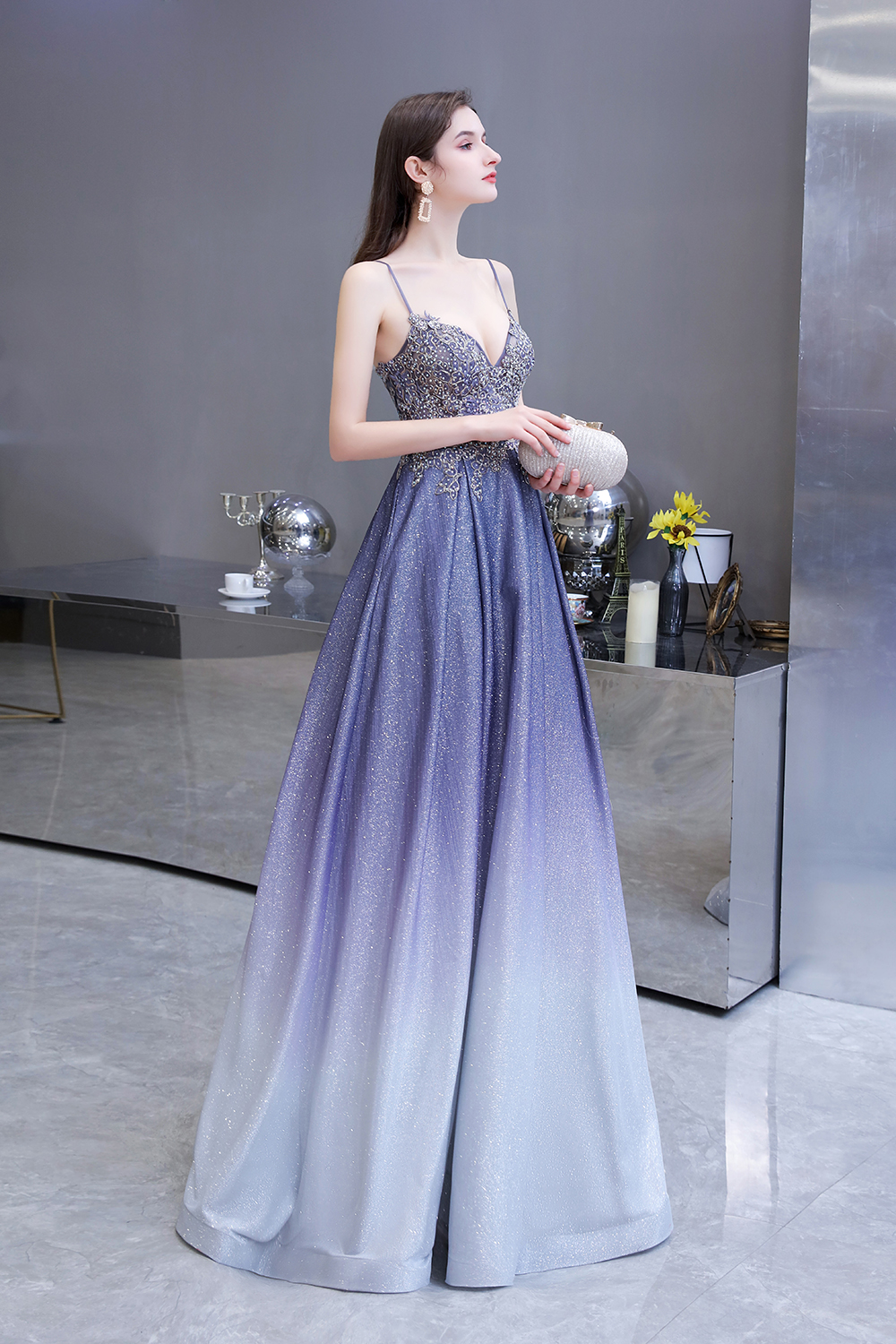 A-line Spaghetti Straps V-neck Sleeveless Sweep / Brush Train Satin Formal Dress With Appliques 2
