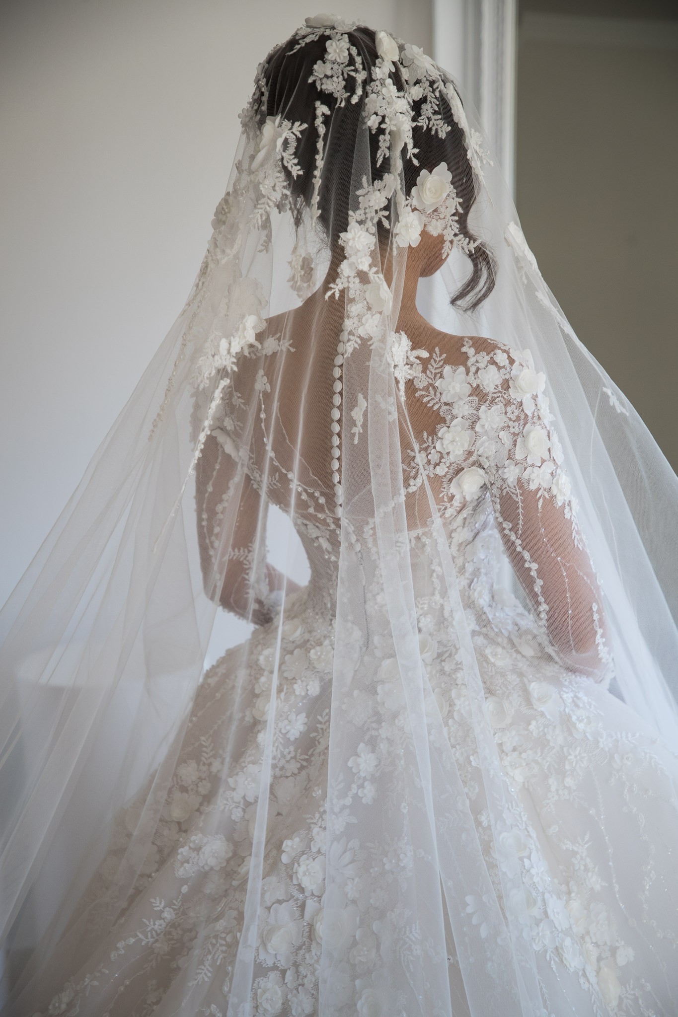 A-line V-neck Court Train Bridal Gown With Appliques 4