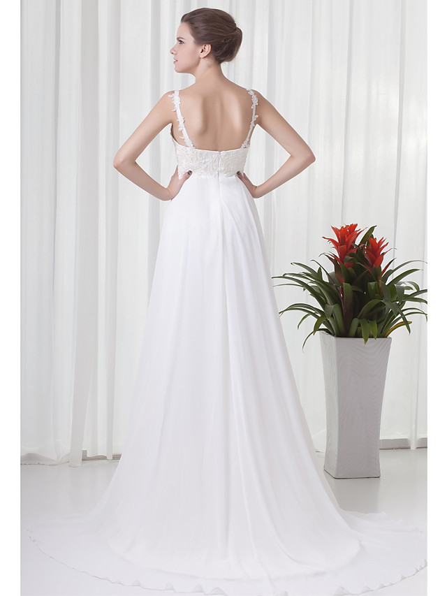 A-line V-neck Sleeveless Court Train Tulle Wedding Dress With Beading 3