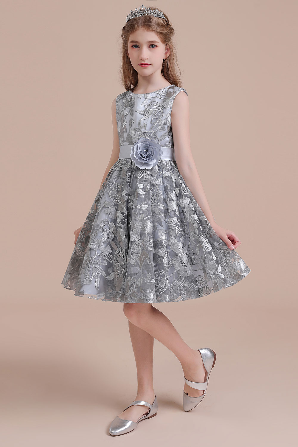 A-line Jewel Neck Sleeveless Knee-length Tulle Flower Girl Dress With Embroidery 6