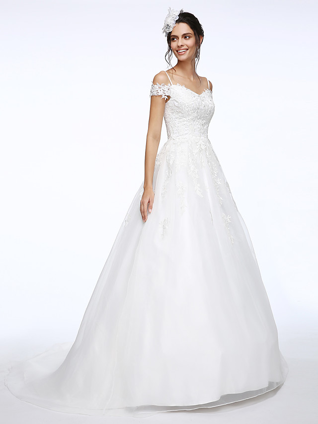 Ball Gown Short Sleeves Court Train Organza Wedding Gown With Lace 3