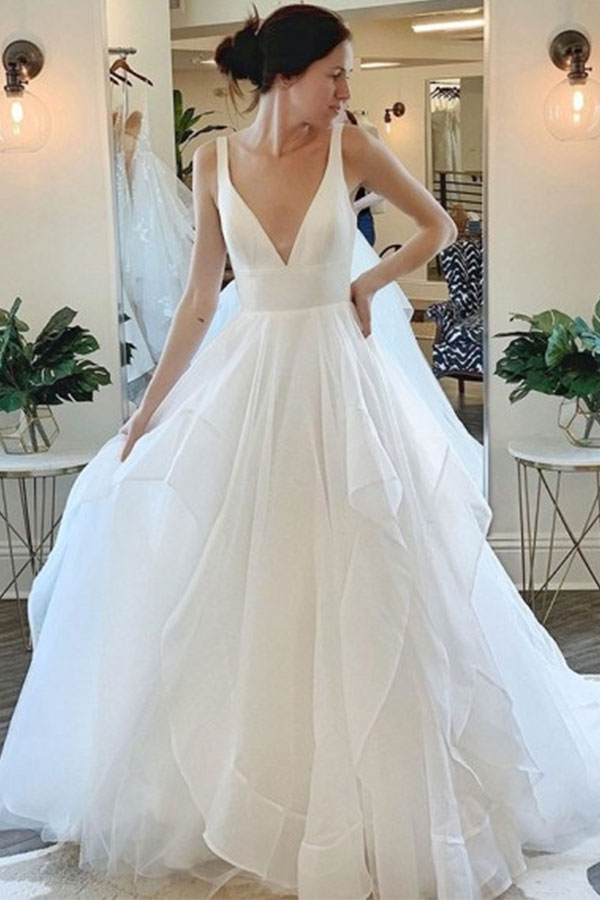 A-line Plunging Neckline Sleeveless Court Train Tulle Wedding Dress With Draped 3