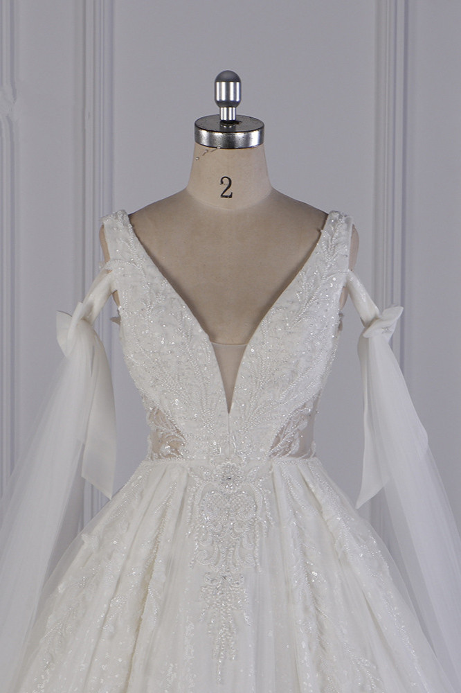 Ball Gown V-neck Sleeveless Floor-length Tulle Wedding Dress With Lace 4