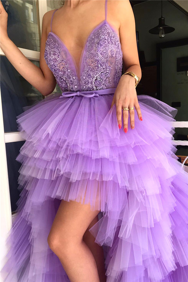 Plunging Neckline Sleeveless Hi-Lo Tulle Prom Dress With Pearls 2