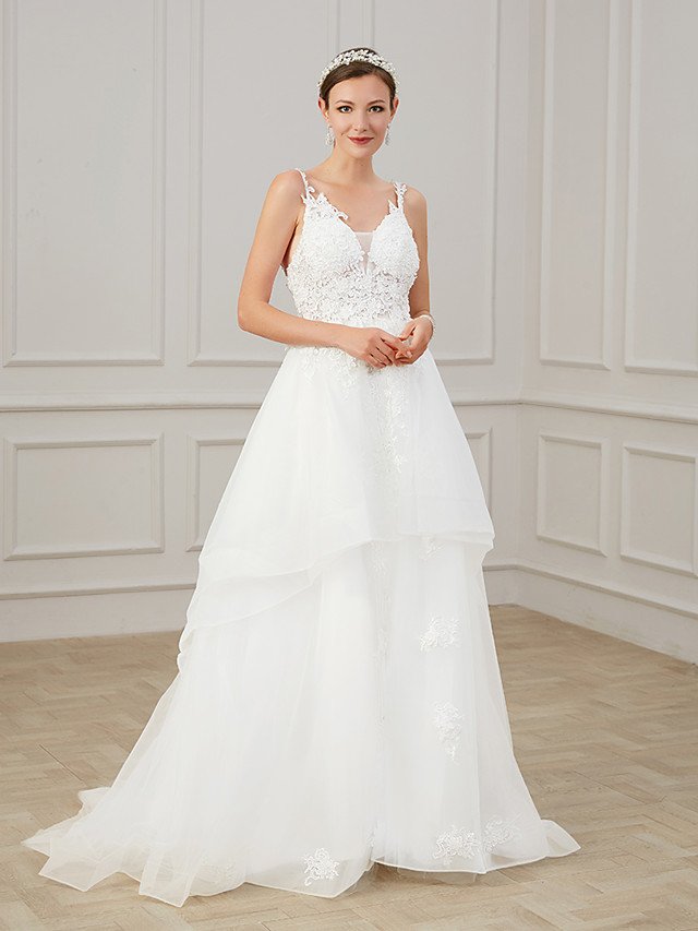 A-line V-neck Sleeveless Sweep / Brush Train Lace Bridal Gown With Lace 5