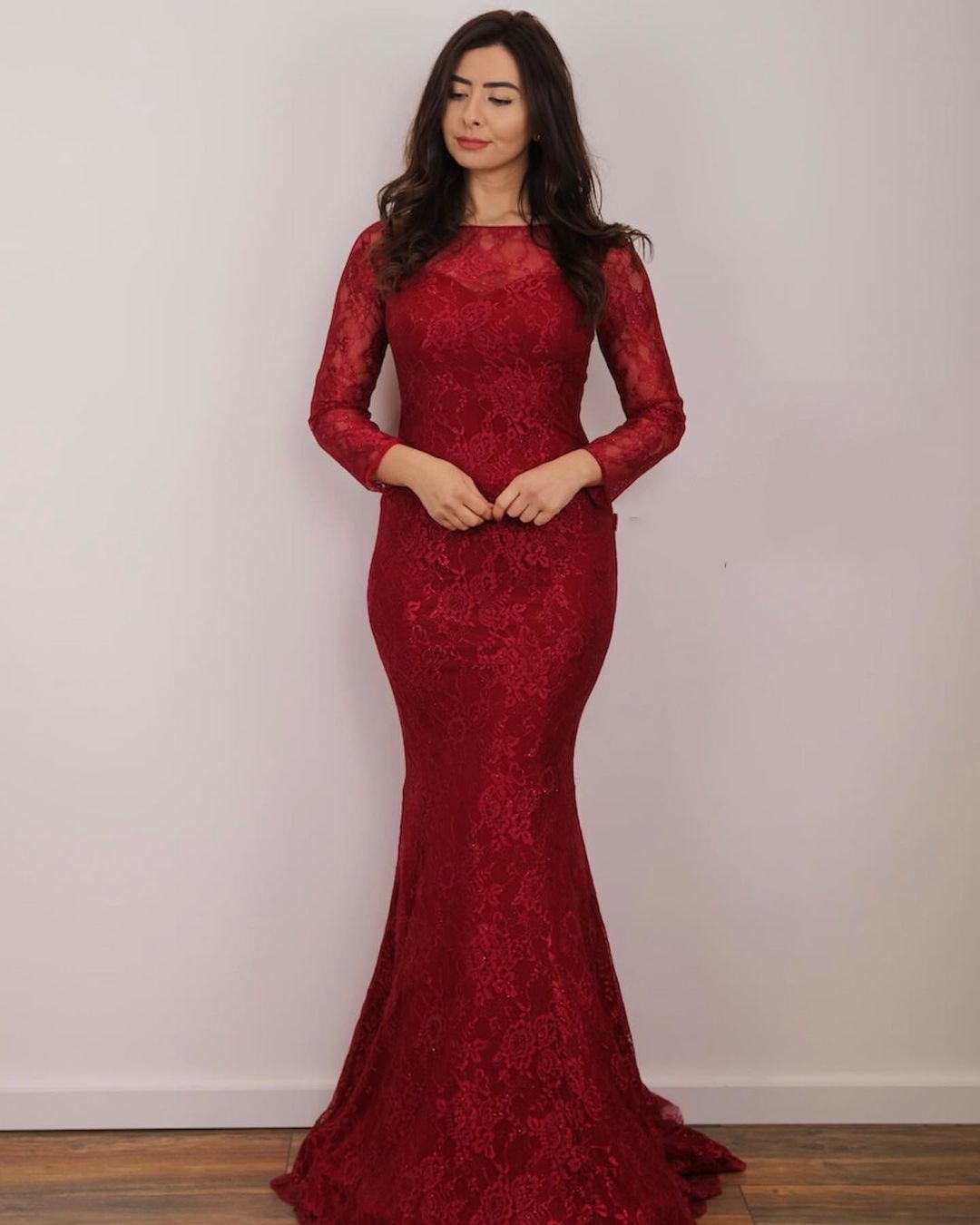 A-line Jewel Neck Long Sleeves Floor-length Lace Evening Dress With Lace 3