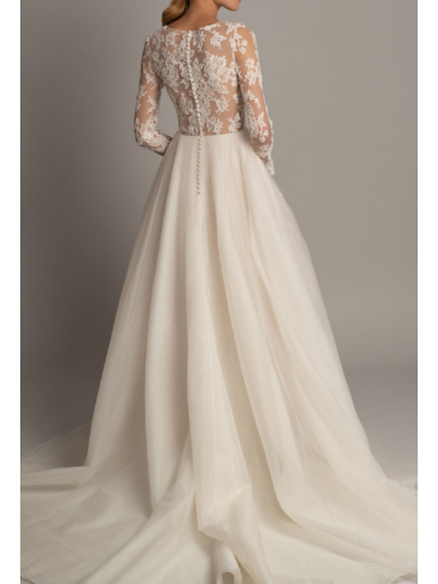 A-line V-neck Long Sleeves Court Train Tulle Wedding Gown With Buttons 2