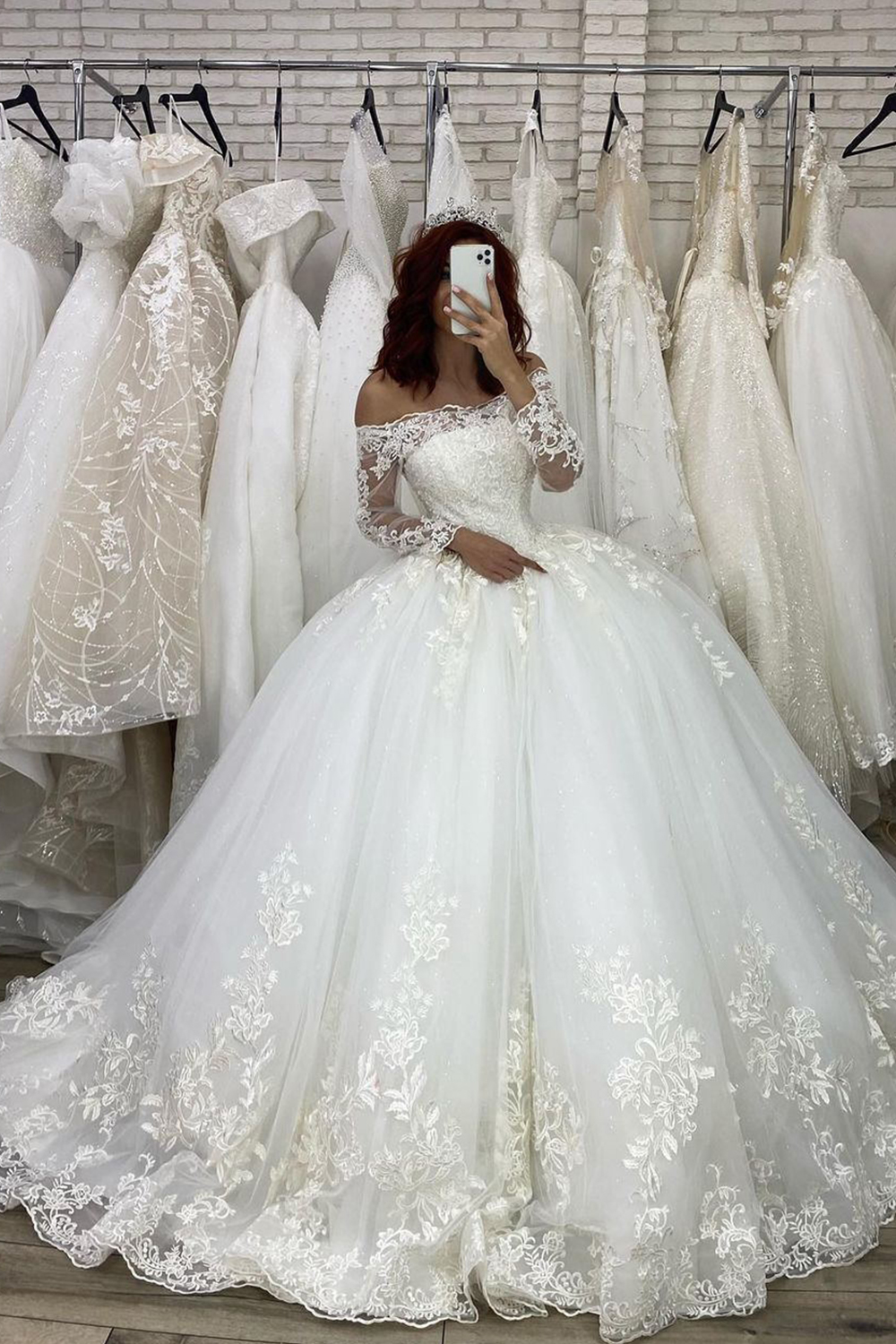 A-line Bateau Neck 3/4-Length Sleeves Cathedral Train Tulle Bridal Gown With Lace 2