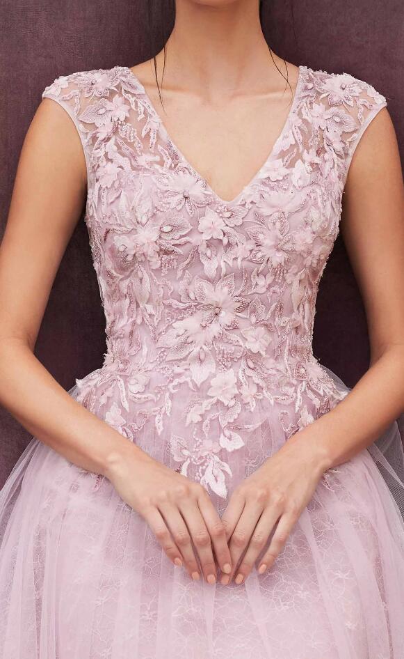 A-line V-neck Sleeveless Tea-length Tulle Formal Dress With Beading 3