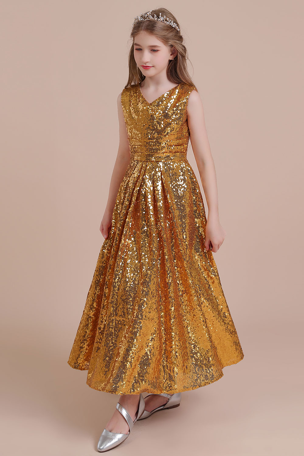A-line V-neck Sleeveless Ankle-length Flower Girl Dress With Sequins 5