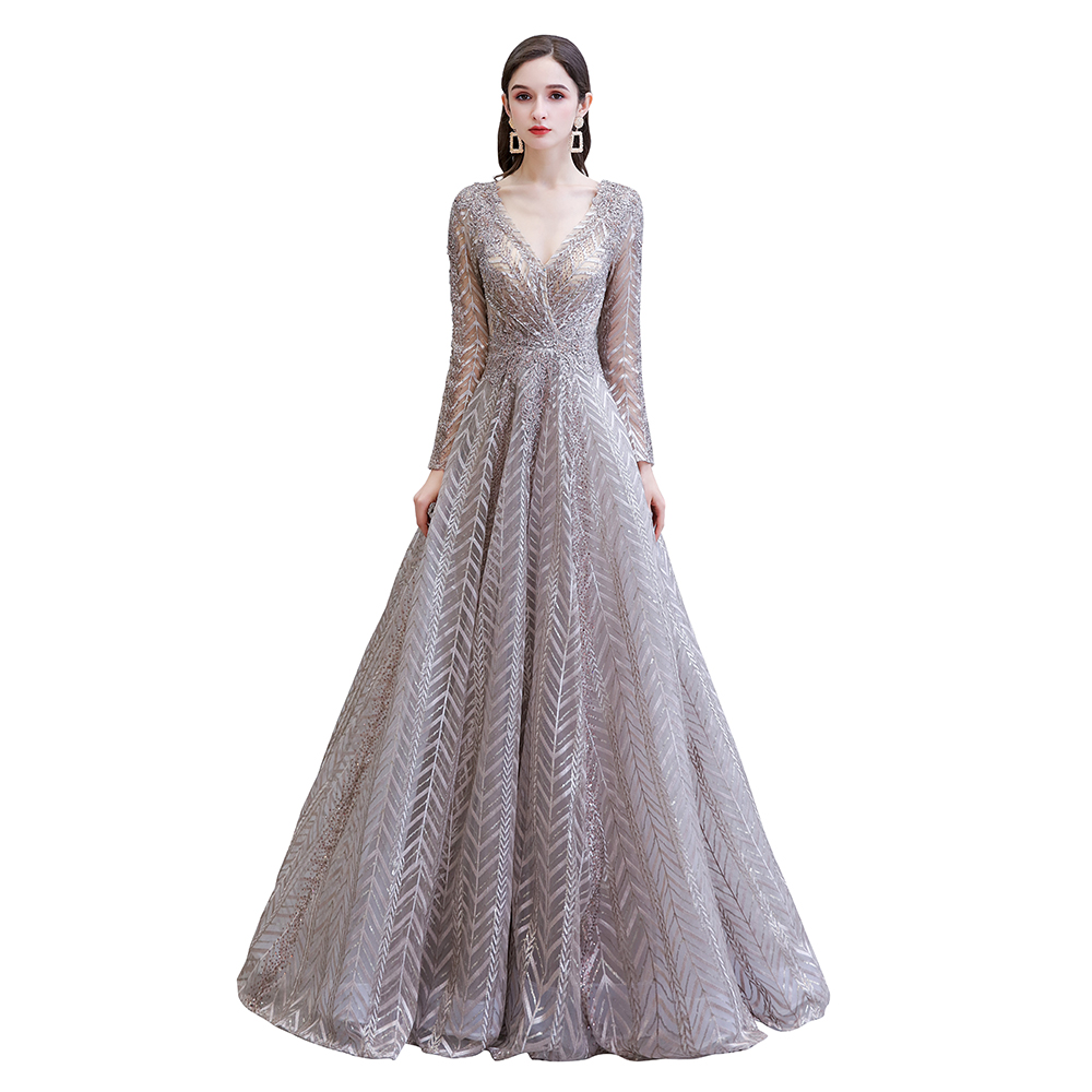 A-line V-neck Long Sleeves Sweep / Brush Train Lace Evening Dress With Pearls 11
