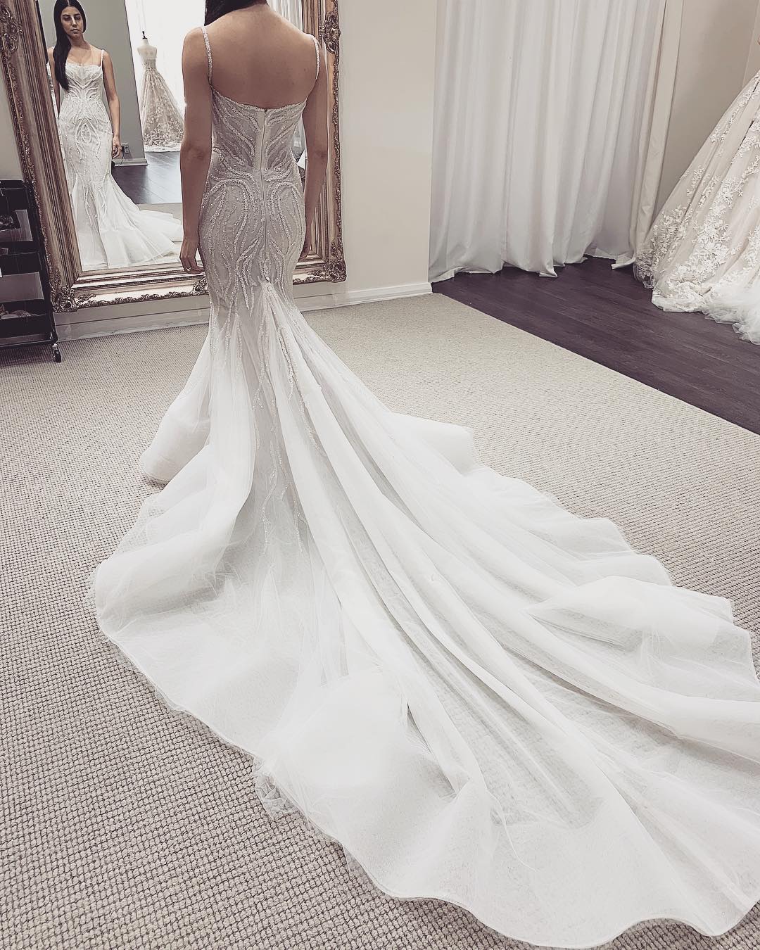 Mermaid Spaghetti Straps Detachable Train Tulle Wedding Gown With Lace 3