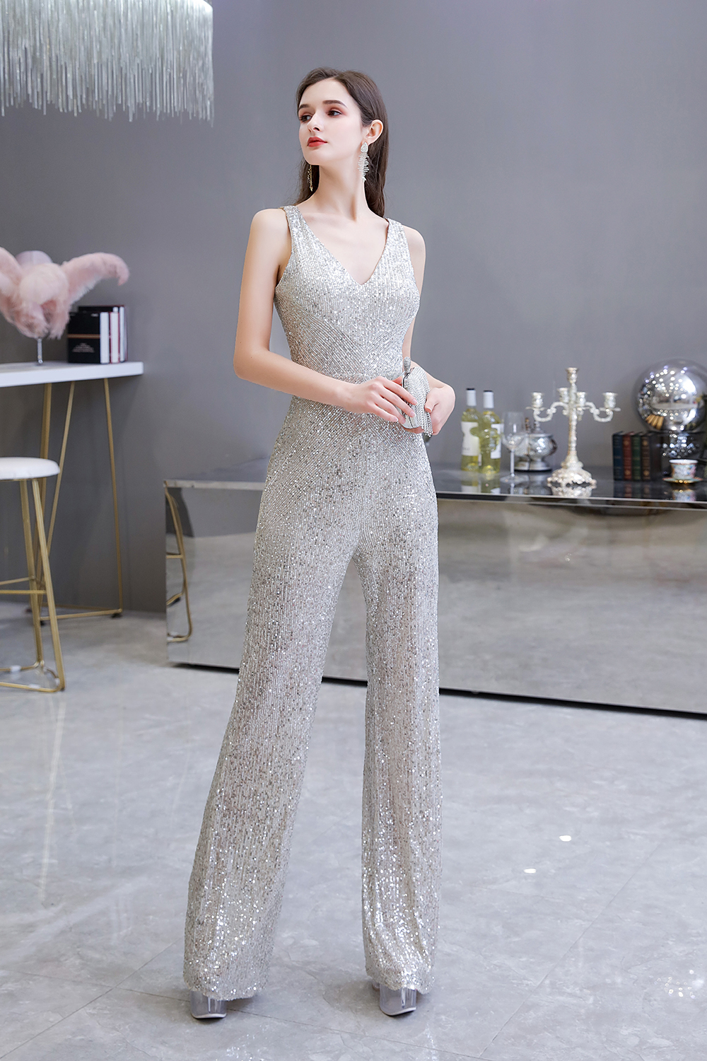 Shining V-neck Silver Sequin Sleeveless Prom Jumpsuit 9