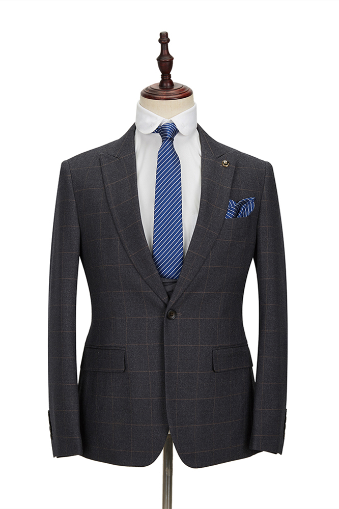 Dark Gray Plaid 3 Piece Double Breasted Men's Suit 3