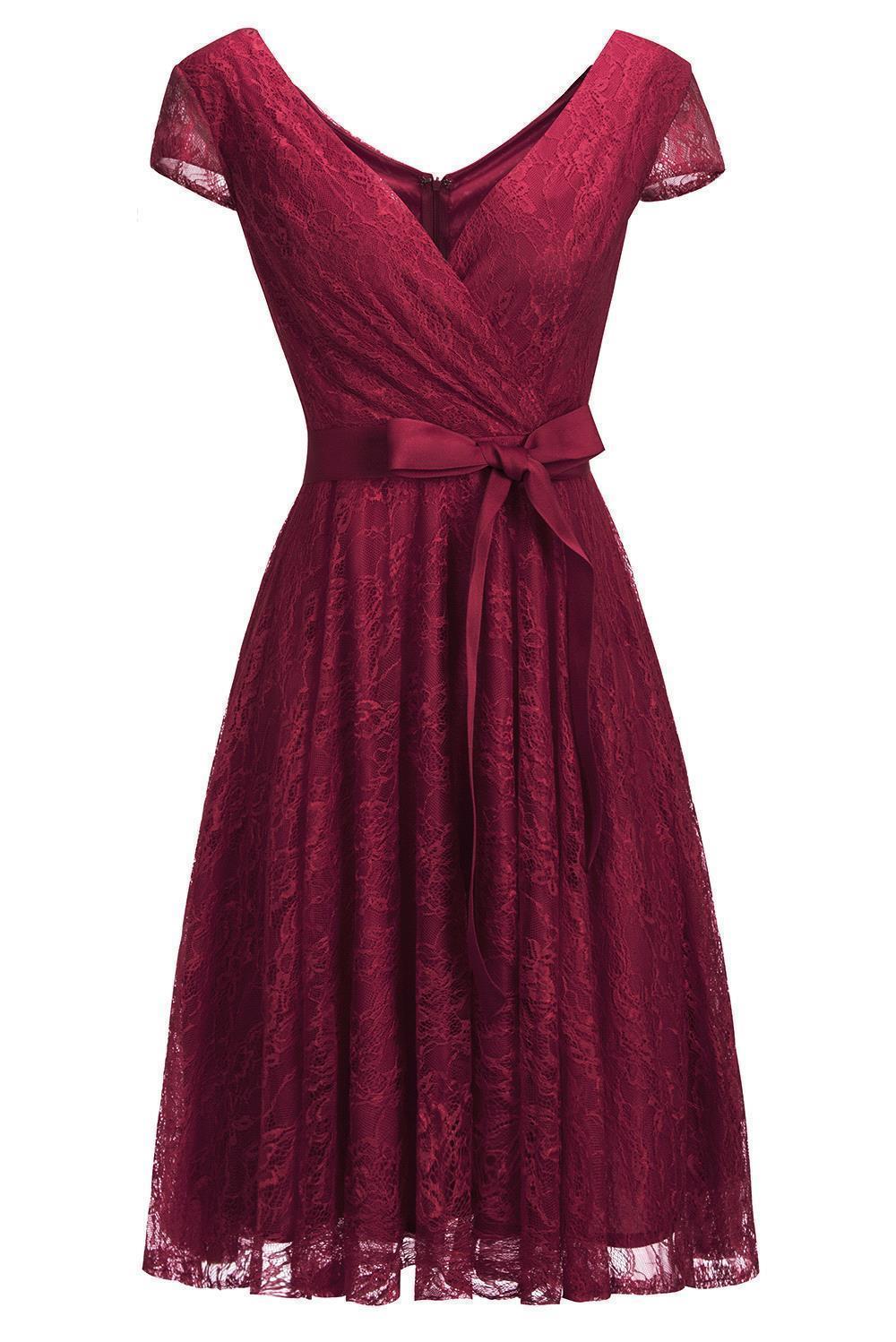 A-line V-neck Short Sleeves Knee-length Lace Bridesmaid Dress With Ribbons 7