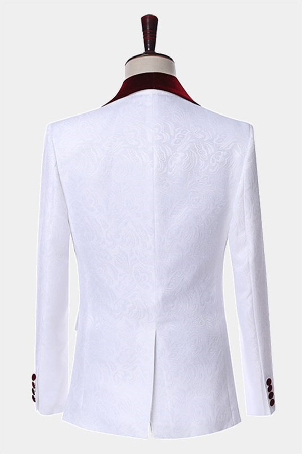 White Jacquard Floral Tuxedo with Burgundy Lapel 2