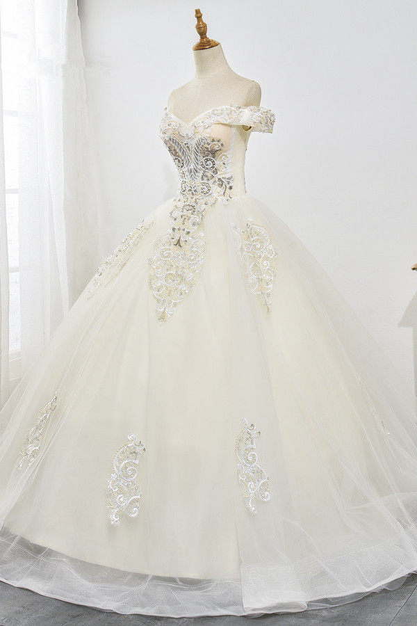 Ball Gown Off-the-shoulder Sweetheart Neck Floor-length Tulle Bridal Dress With Beading 3