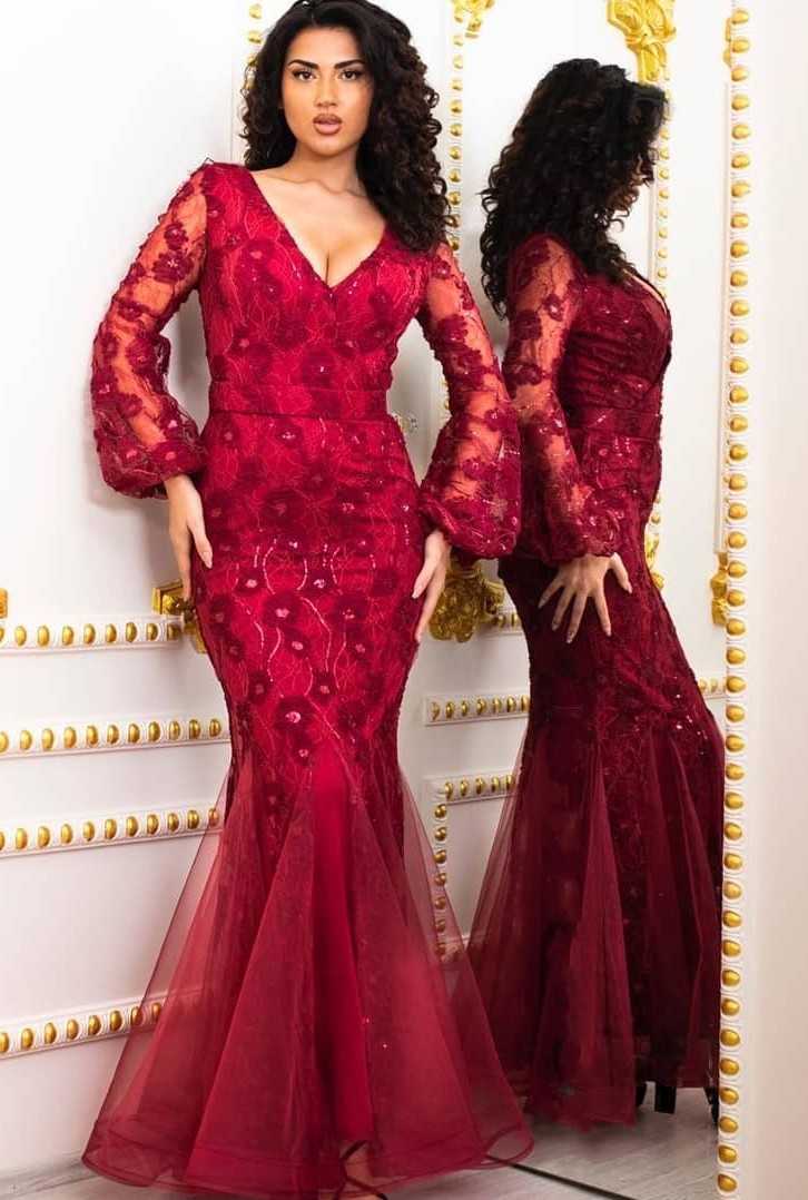 Mermaid V-neck Long Sleeves Floor-length Tulle Evening Dress With Lace 3