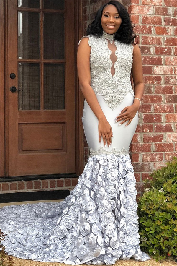 Mermaid High Neck Sleeveless Court Train Stretch Satin Formal Wear With Appliques 1