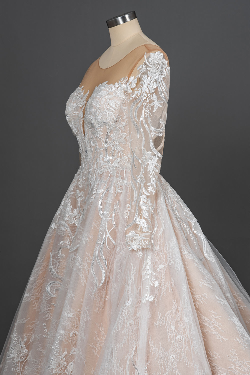A-line Jewel Neck Long Sleeves Cathedral Train Tulle Wedding Gown With Lace 10