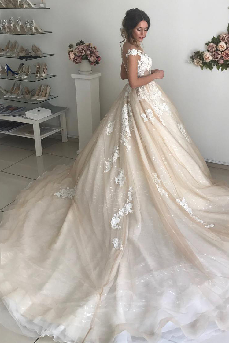 A-line Off-the-shoulder Sleeveless Sweep / Brush Train Tulle Wedding Gown With Lace 2