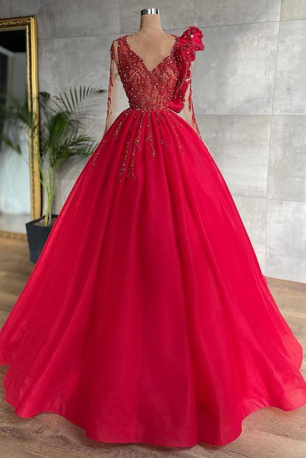 A-line V-neck Long Sleeves Floor-length Tulle Formal Dress With Appliques 1