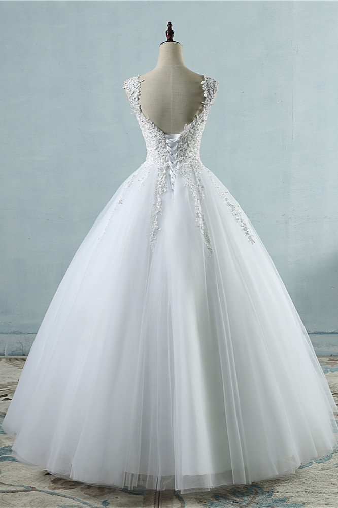 A-line V-neck Sleeveless Floor-length Tulle Bridal Dress With Appliques 2