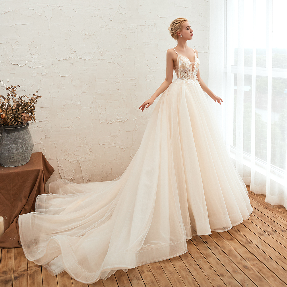 A-line Spaghetti Straps V-neck Sleeveless Cathedral Train Tulle Wedding Dress With Beading 10