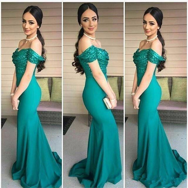 Column Off-the-shoulder Short Sleeves Sweep / Brush Train Evening Dress With Sequins 5