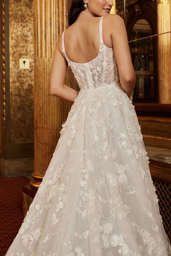A-line Spaghetti Straps Sleeveless Chapel Train Lace Bridal Gown With Pattern 2