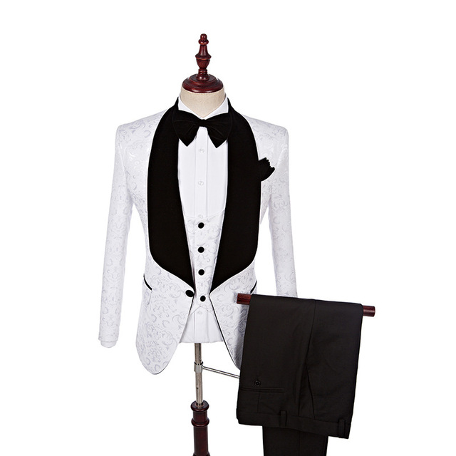 White Jacquard Three Pieces Wedding Suit for Men 4