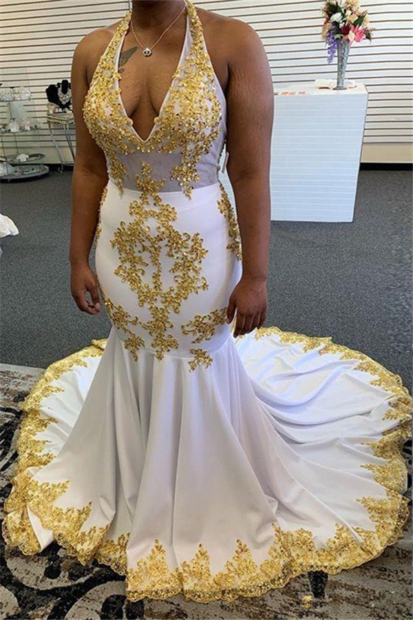 Mermaid V-neck Halter-neck Sleeveless Sweep / Brush Train Evening Gown With Appliques 1
