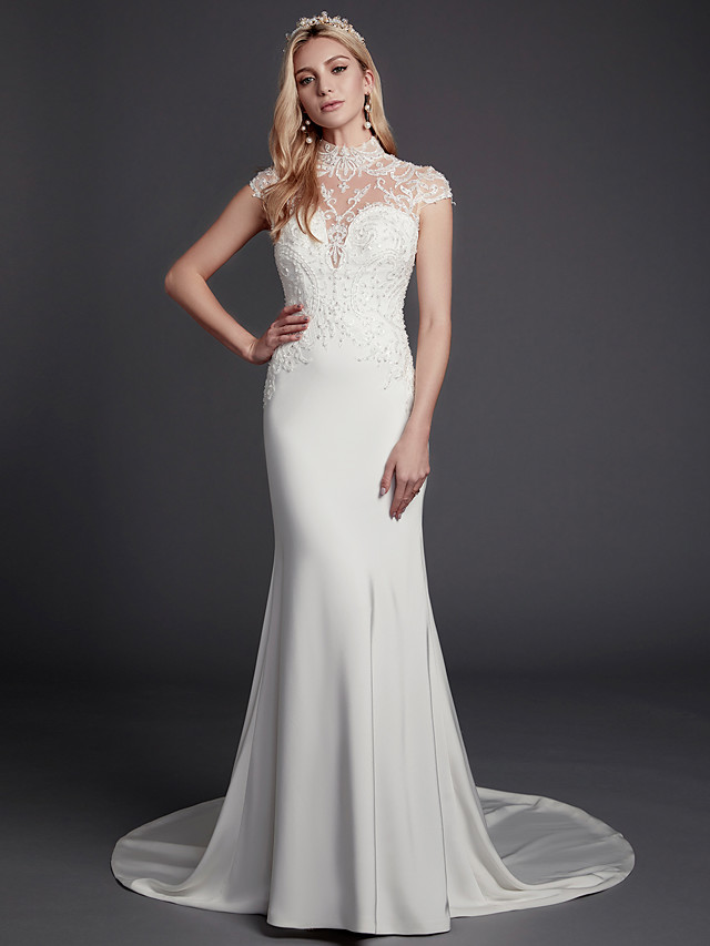 Mermaid Sleeveless Court Train Lace Bridal Gown With Beading 4
