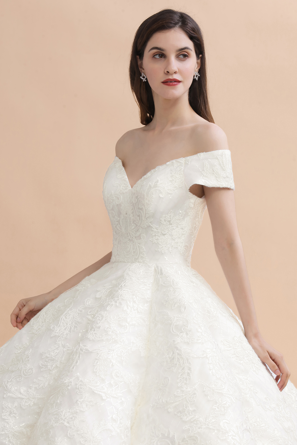 Ball Gown Off-the-shoulder Cap Sleeves Sweep / Brush Train Hard Net Wedding Gown With Appliques 9
