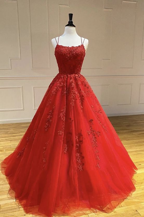 A-line Spaghetti Straps Sleeveless Sweep / Brush Train Tulle Formal Wear With Beading 4