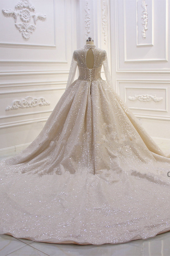 Ball Gown High Neck Long Sleeves Floor-length Tulle Bridal Gown With Sequins 4