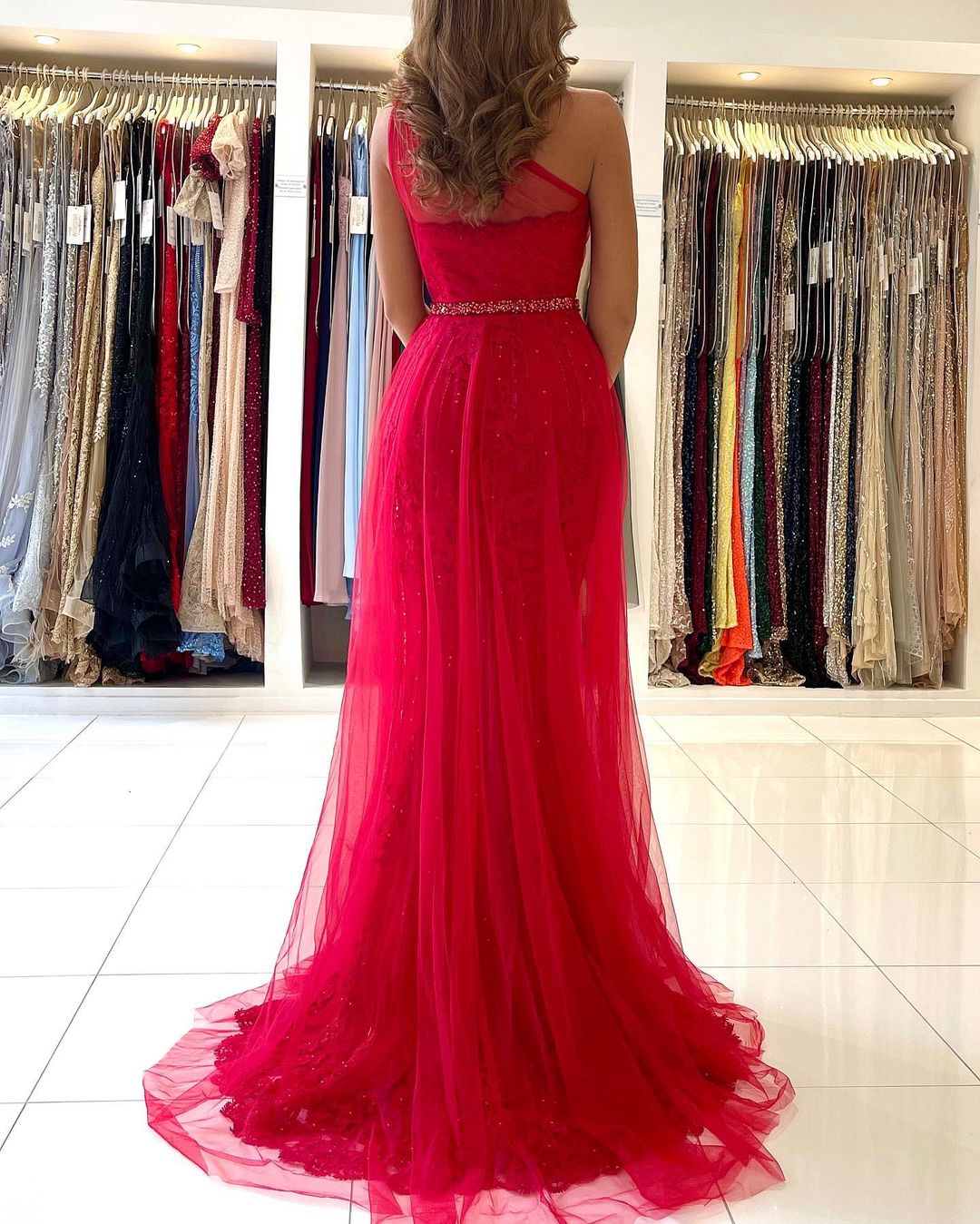 Mermaid One Shoulder Sleeveless Floor-length Lace Evening Dress With Beading 2