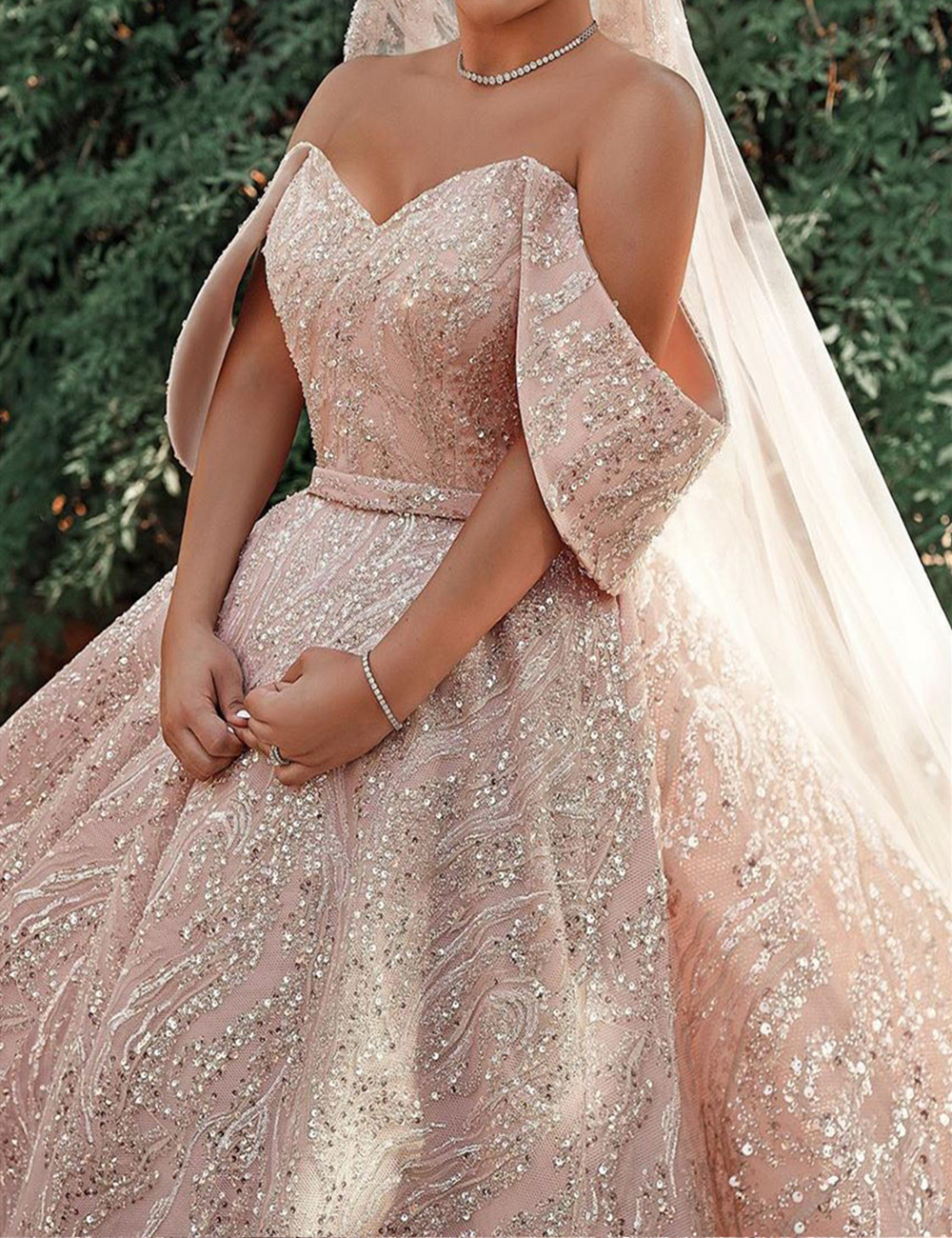 Ball Gown Off-the-shoulder Cap Sleeves Sweep / Brush Train Satin Wedding Gown With Ruffles 5