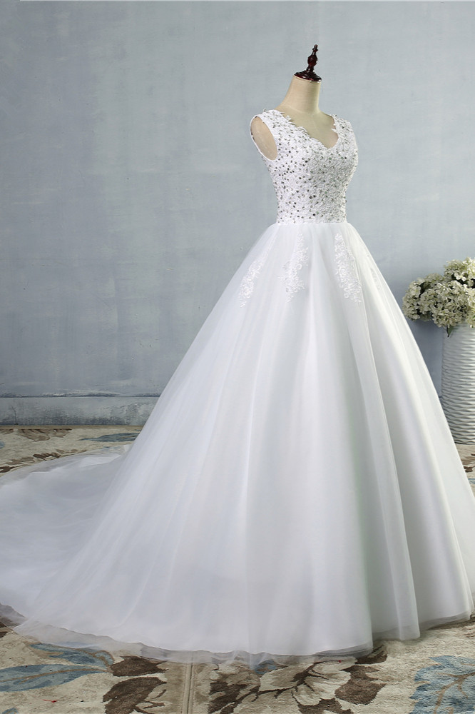 A-line V-neck Sleeveless Floor-length Tulle Bridal Dress With Sequins 3