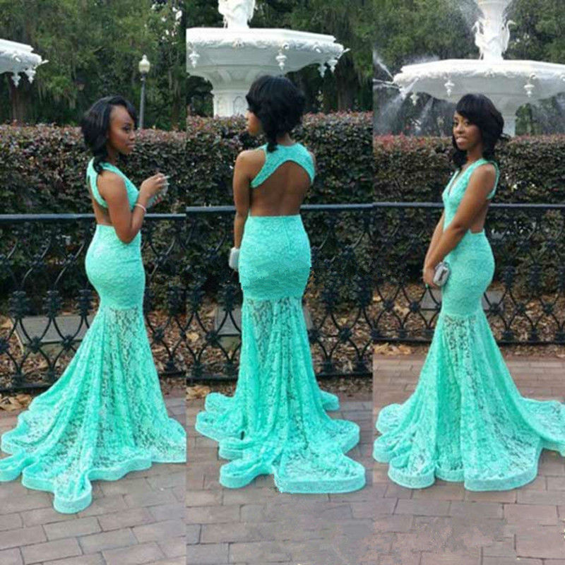 Mermaid V-neck Sleeveless Sweep / Brush Train Evening Gown With Lace 2