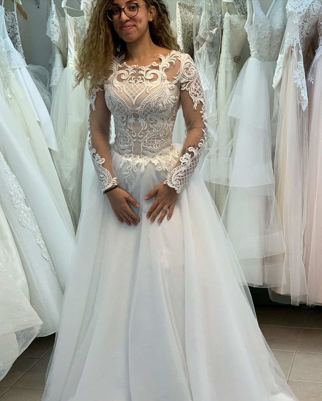 A-line Bateau Neck Long Sleeves Sweep / Brush Train Lace Bridal Gown With Lace 4